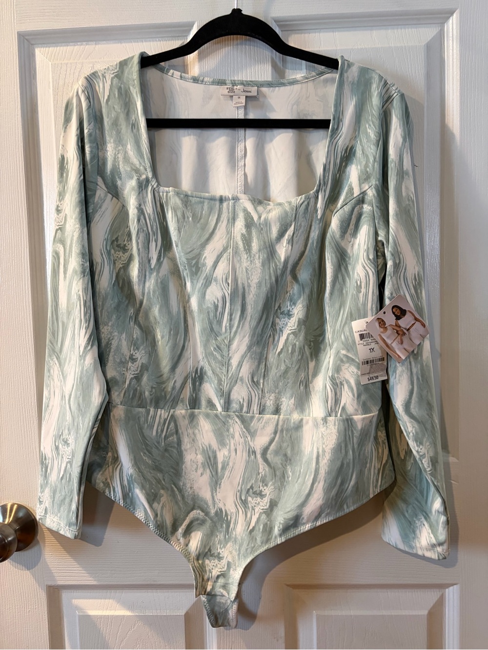 Jenni Mint Marble Square-Neck Long-Sleeve Bodysuit